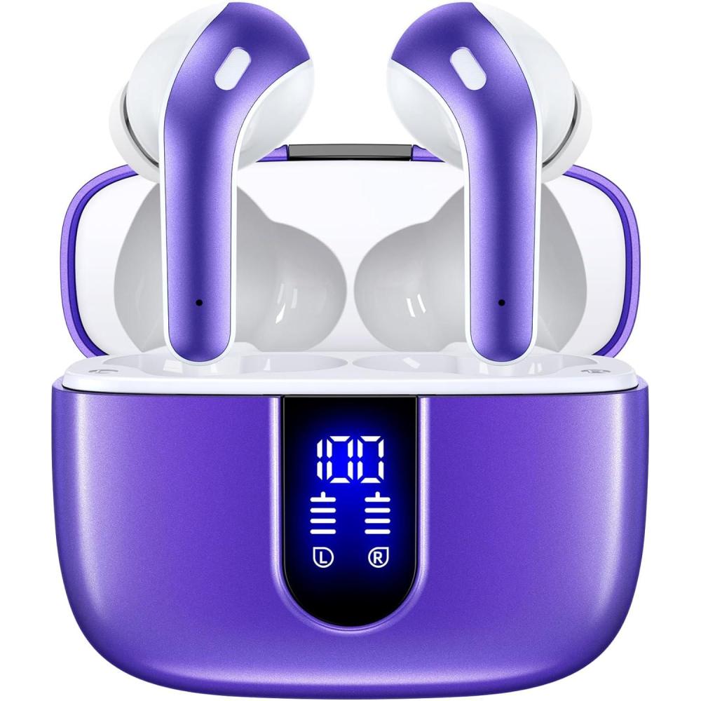 imageTAGRY Bluetooth Headphones True Wireless Earbuds 60H Playback LED Power Display Earphones with Wireless Charging Case IPX5 Waterproof inEar Ear buds with Mic for TV Smart Phone Laptop Computer SportsPhantom Purple