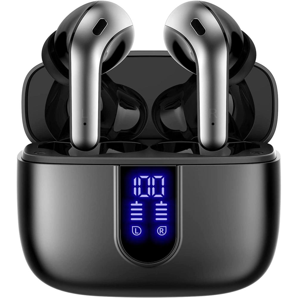 imageTAGRY Bluetooth Headphones True Wireless Earbuds 60H Playback LED Power Display Earphones with Wireless Charging Case IPX5 Waterproof inEar Ear buds with Mic for TV Smart Phone Laptop Computer SportsBlack