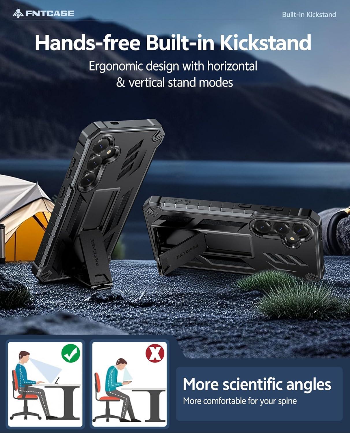 imageFNTCASE for Samsung Galaxy A165G Case Military Grade Drop Proof Protection Mobile Cover with Kickstand Matte Textured Rugged Shockproof TPU Protective Sturdy Phone CaseBlackBlack