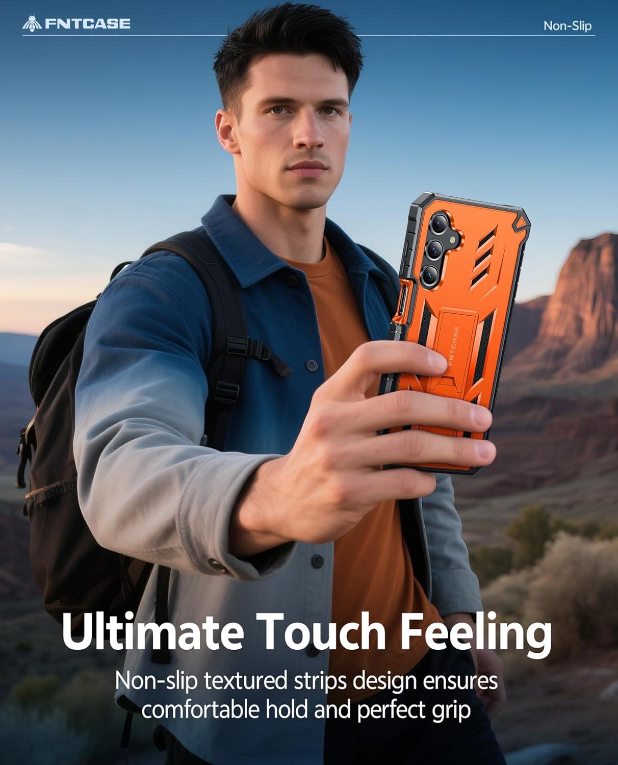 imageFNTCASE for Samsung Galaxy A165G Case Military Grade Drop Proof Protection Mobile Cover with Kickstand Matte Textured Rugged Shockproof TPU Protective Sturdy Phone CaseBlackOrange