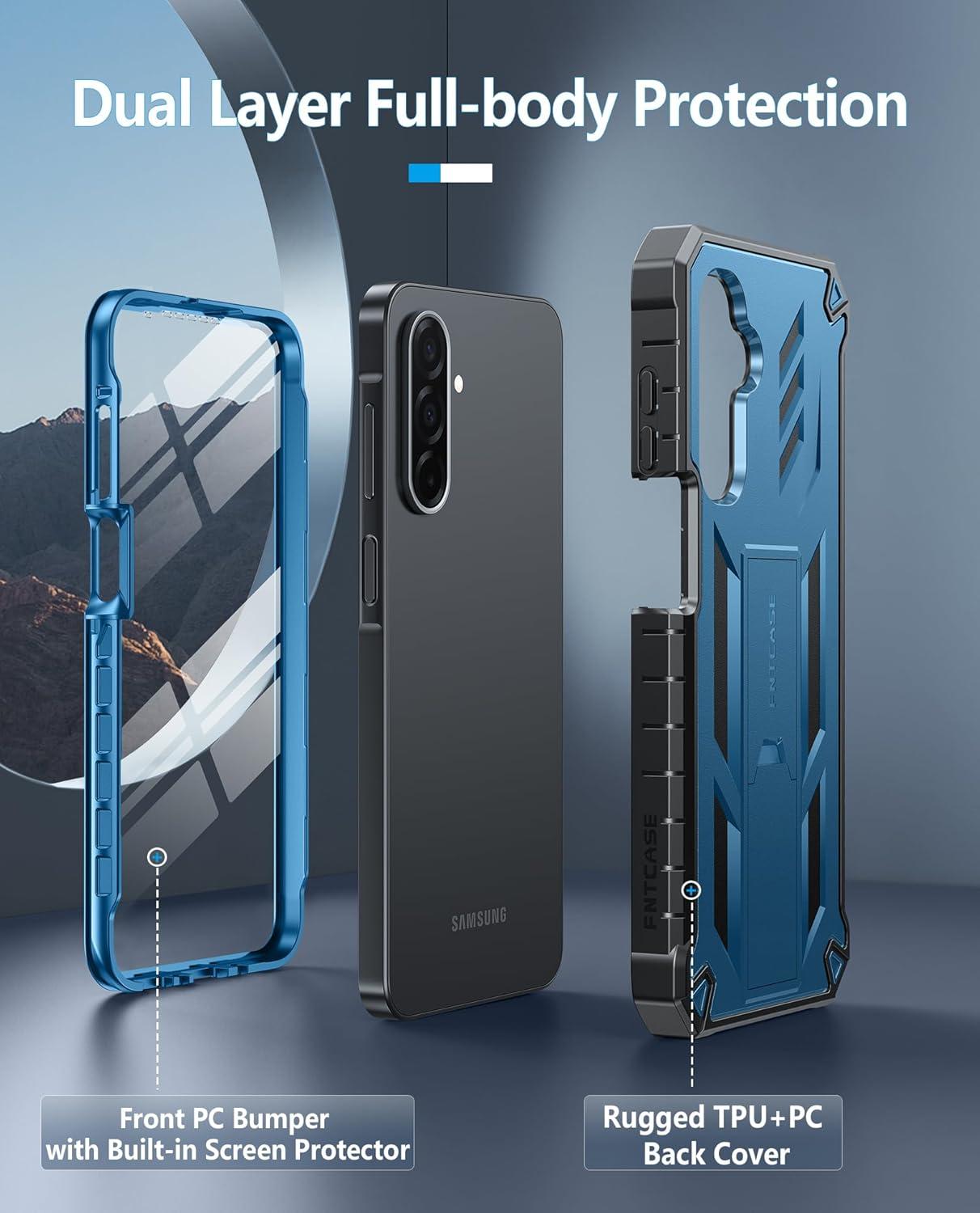imageFNTCASE for Samsung Galaxy A165G Case Military Grade Drop Proof Protection Mobile Cover with Kickstand Matte Textured Rugged Shockproof TPU Protective Sturdy Phone CaseBlackBlue