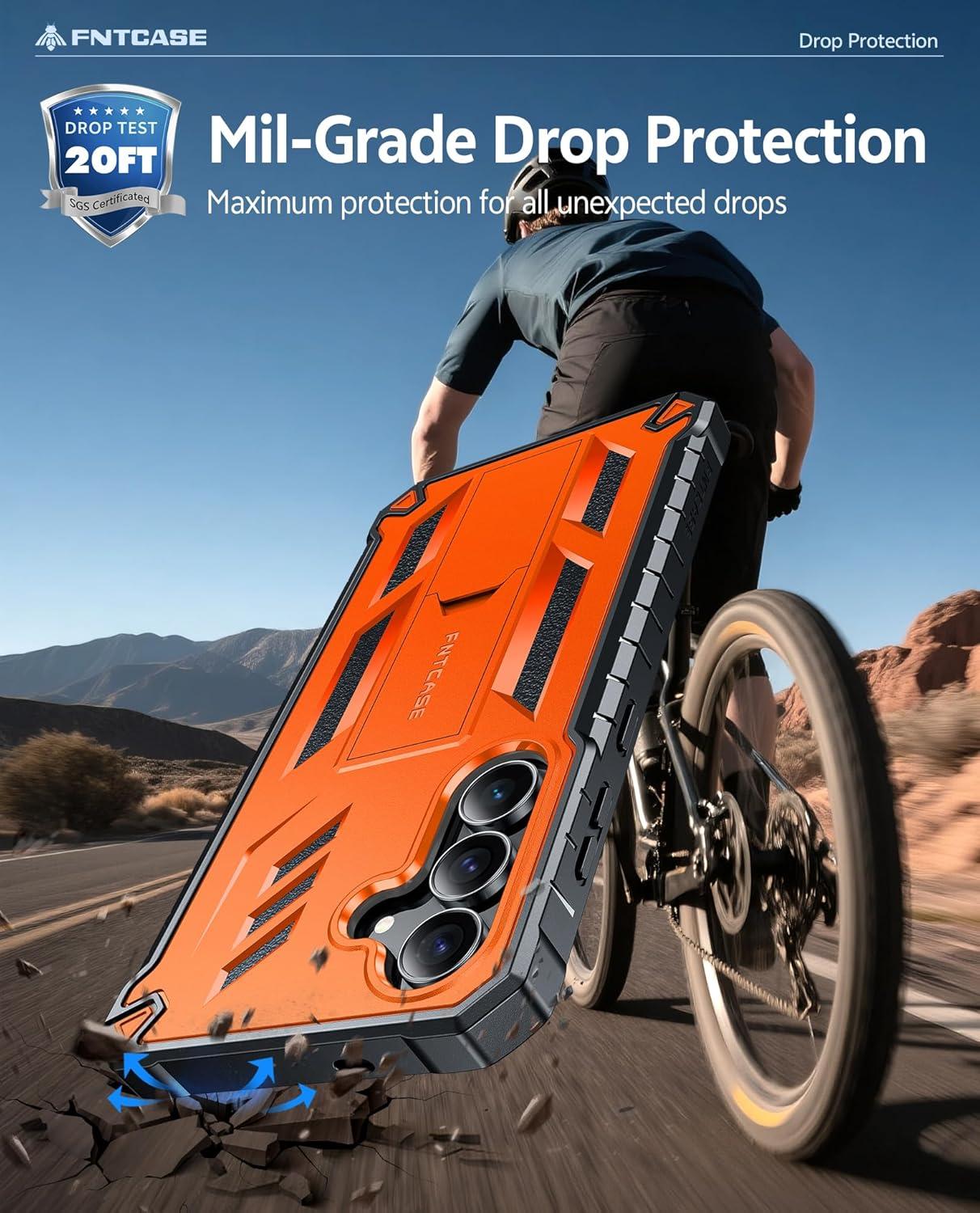 imageFNTCASE for Samsung Galaxy A165G Case Military Grade Drop Proof Protection Mobile Cover with Kickstand Matte Textured Rugged Shockproof TPU Protective Sturdy Phone CaseBlackOrange