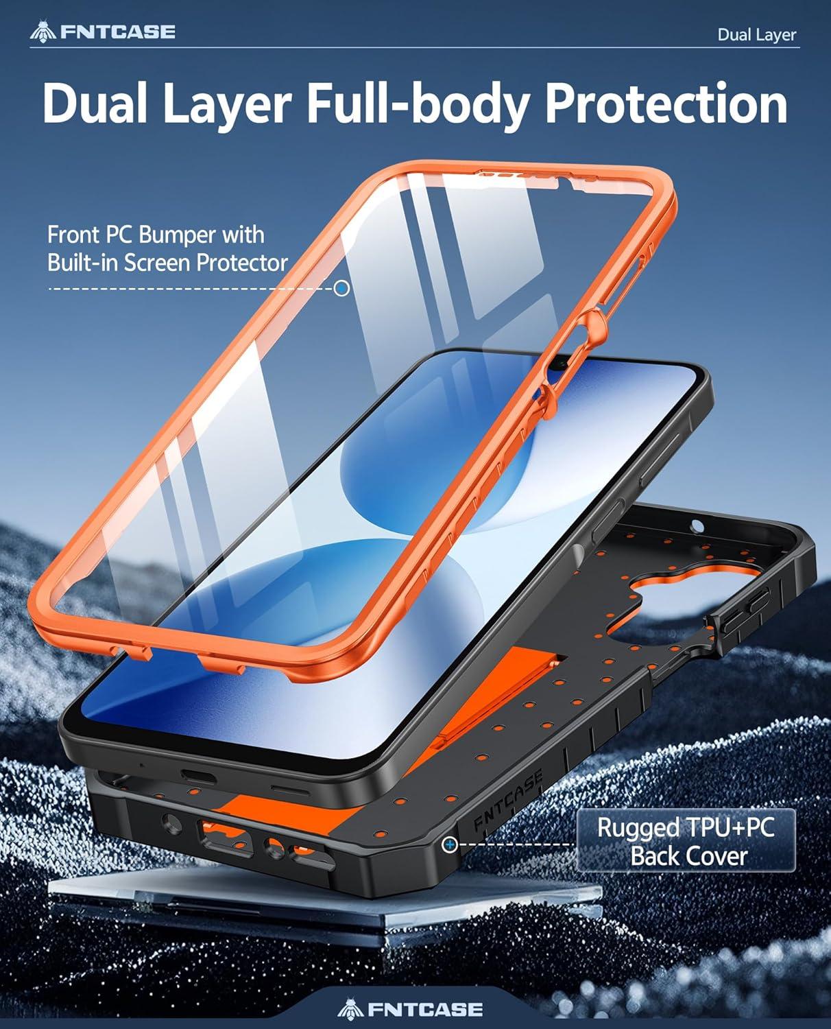 imageFNTCASE for Samsung Galaxy A165G Case Military Grade Drop Proof Protection Mobile Cover with Kickstand Matte Textured Rugged Shockproof TPU Protective Sturdy Phone CaseBlackOrange