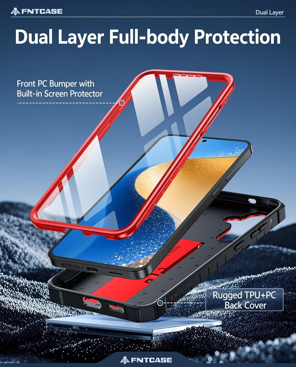 imageFNTCASE for Samsung Galaxy A165G Case Military Grade Drop Proof Protection Mobile Cover with Kickstand Matte Textured Rugged Shockproof TPU Protective Sturdy Phone CaseBlackRed