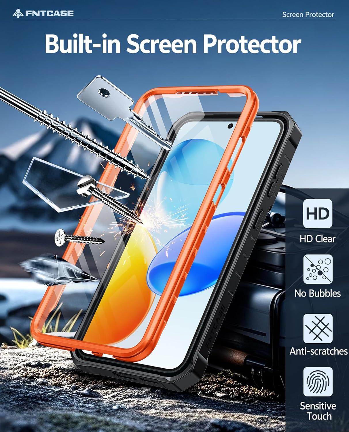 imageFNTCASE for Samsung Galaxy A165G Case Military Grade Drop Proof Protection Mobile Cover with Kickstand Matte Textured Rugged Shockproof TPU Protective Sturdy Phone CaseBlackOrange