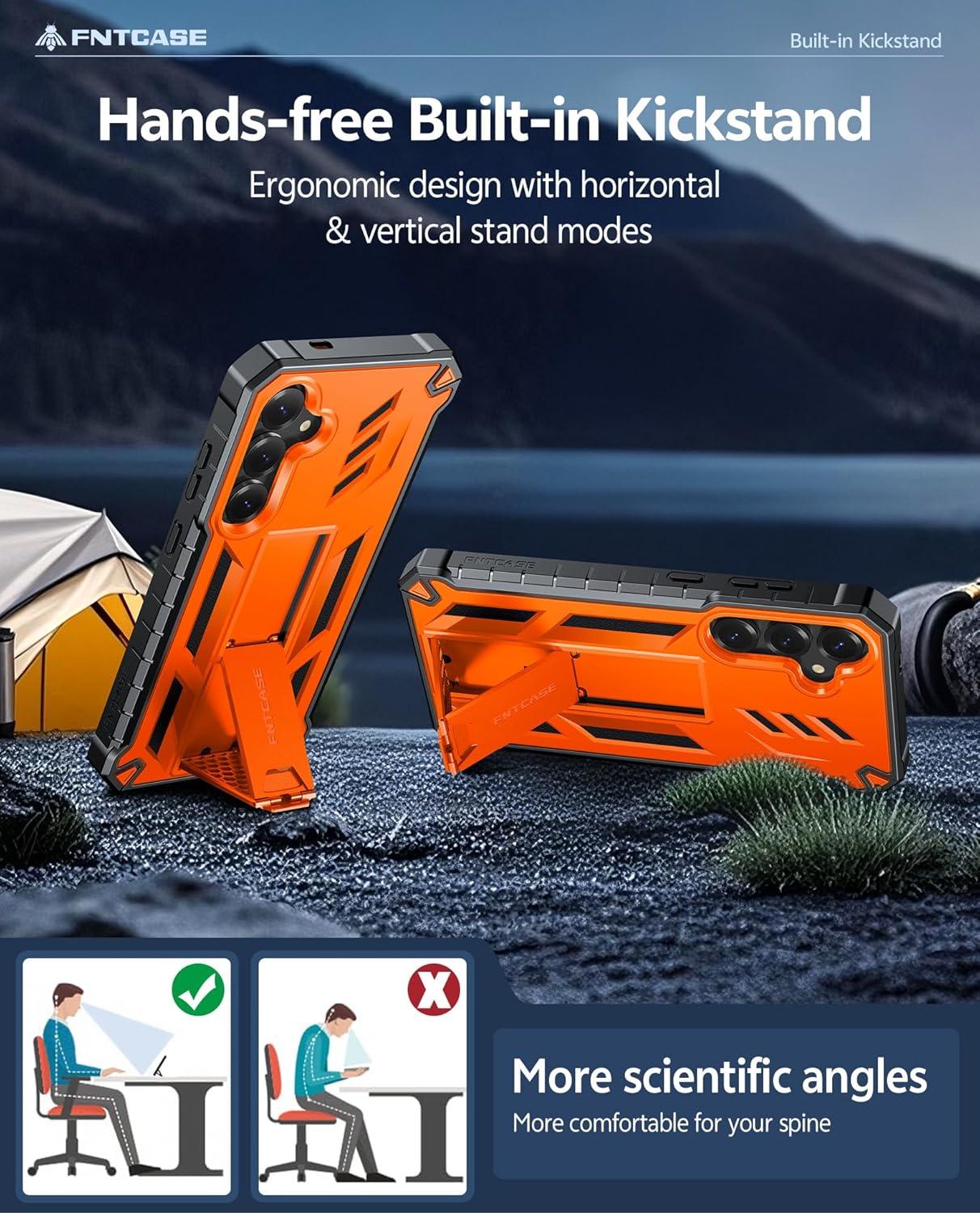 imageFNTCASE for Samsung Galaxy A165G Case Military Grade Drop Proof Protection Mobile Cover with Kickstand Matte Textured Rugged Shockproof TPU Protective Sturdy Phone CaseBlackOrange