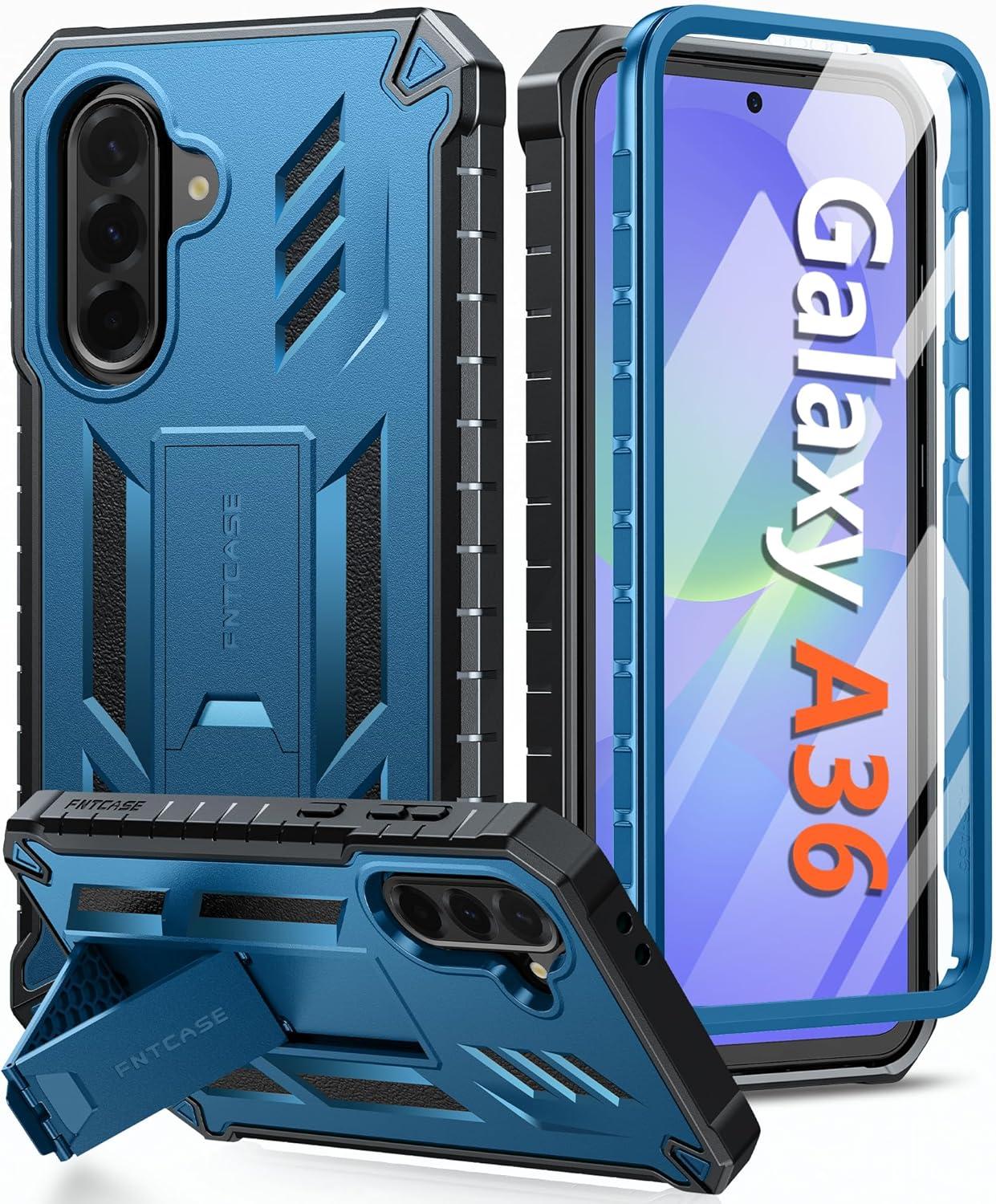 imageFNTCASE for Samsung Galaxy A165G Case Military Grade Drop Proof Protection Mobile Cover with Kickstand Matte Textured Rugged Shockproof TPU Protective Sturdy Phone CaseBlackBlue