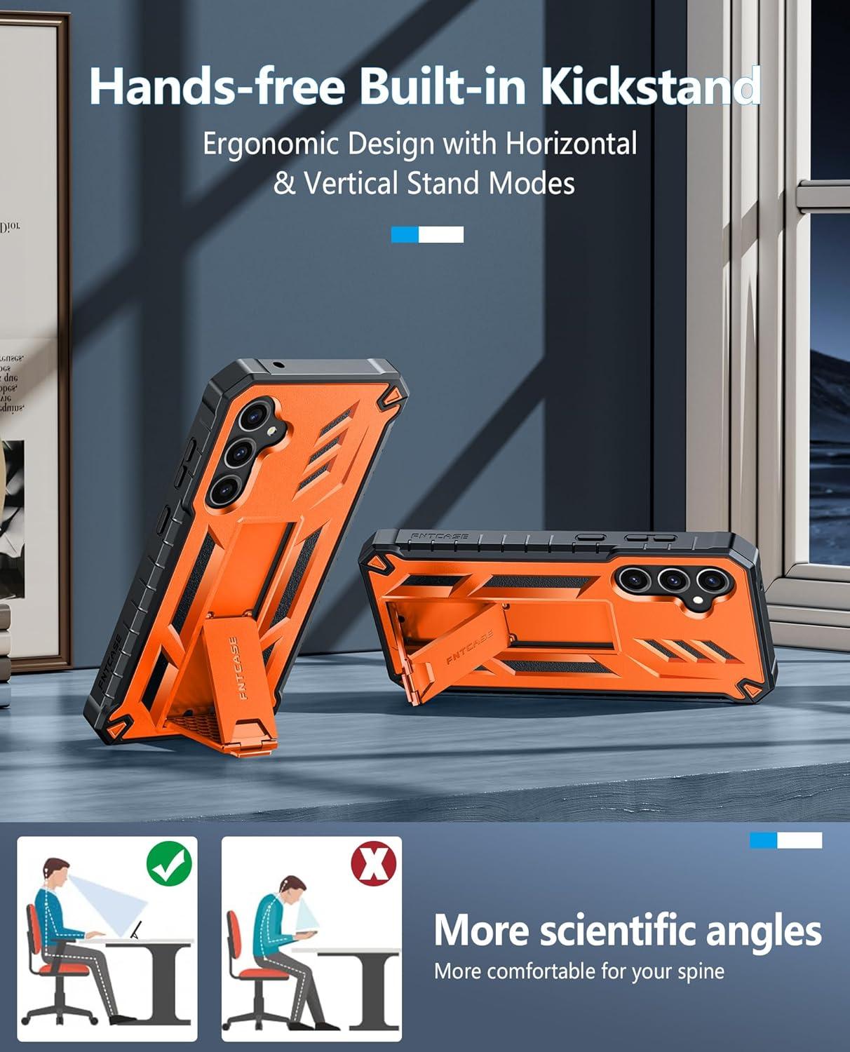 imageFNTCASE for Samsung Galaxy A165G Case Military Grade Drop Proof Protection Mobile Cover with Kickstand Matte Textured Rugged Shockproof TPU Protective Sturdy Phone CaseBlackOrange