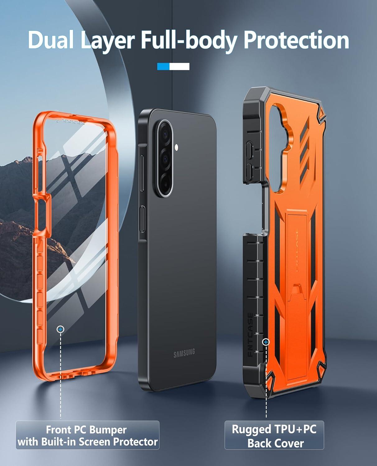 imageFNTCASE for Samsung Galaxy A165G Case Military Grade Drop Proof Protection Mobile Cover with Kickstand Matte Textured Rugged Shockproof TPU Protective Sturdy Phone CaseBlackOrange