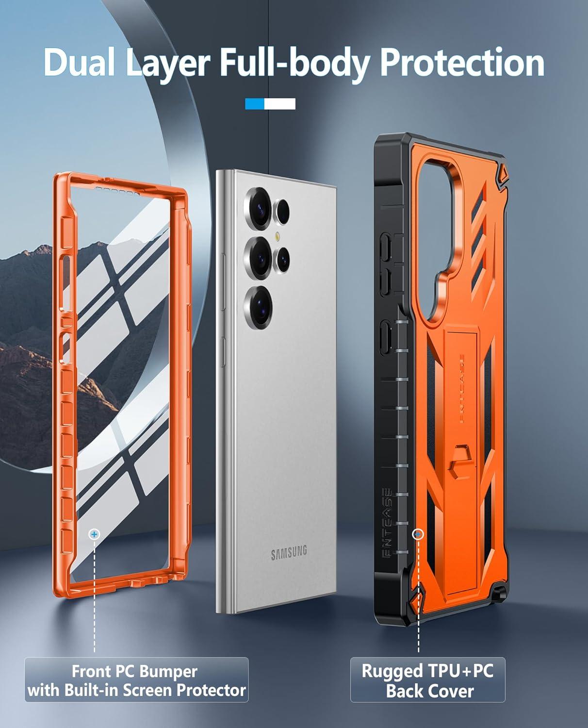 imageFNTCASE for Samsung Galaxy A165G Case Military Grade Drop Proof Protection Mobile Cover with Kickstand Matte Textured Rugged Shockproof TPU Protective Sturdy Phone CaseBlackOrange