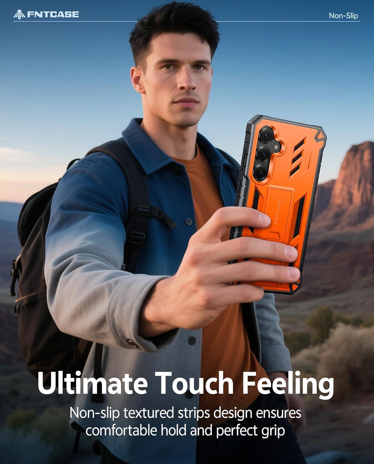 imageFNTCASE for Samsung Galaxy A165G Case Military Grade Drop Proof Protection Mobile Cover with Kickstand Matte Textured Rugged Shockproof TPU Protective Sturdy Phone CaseBlackOrange