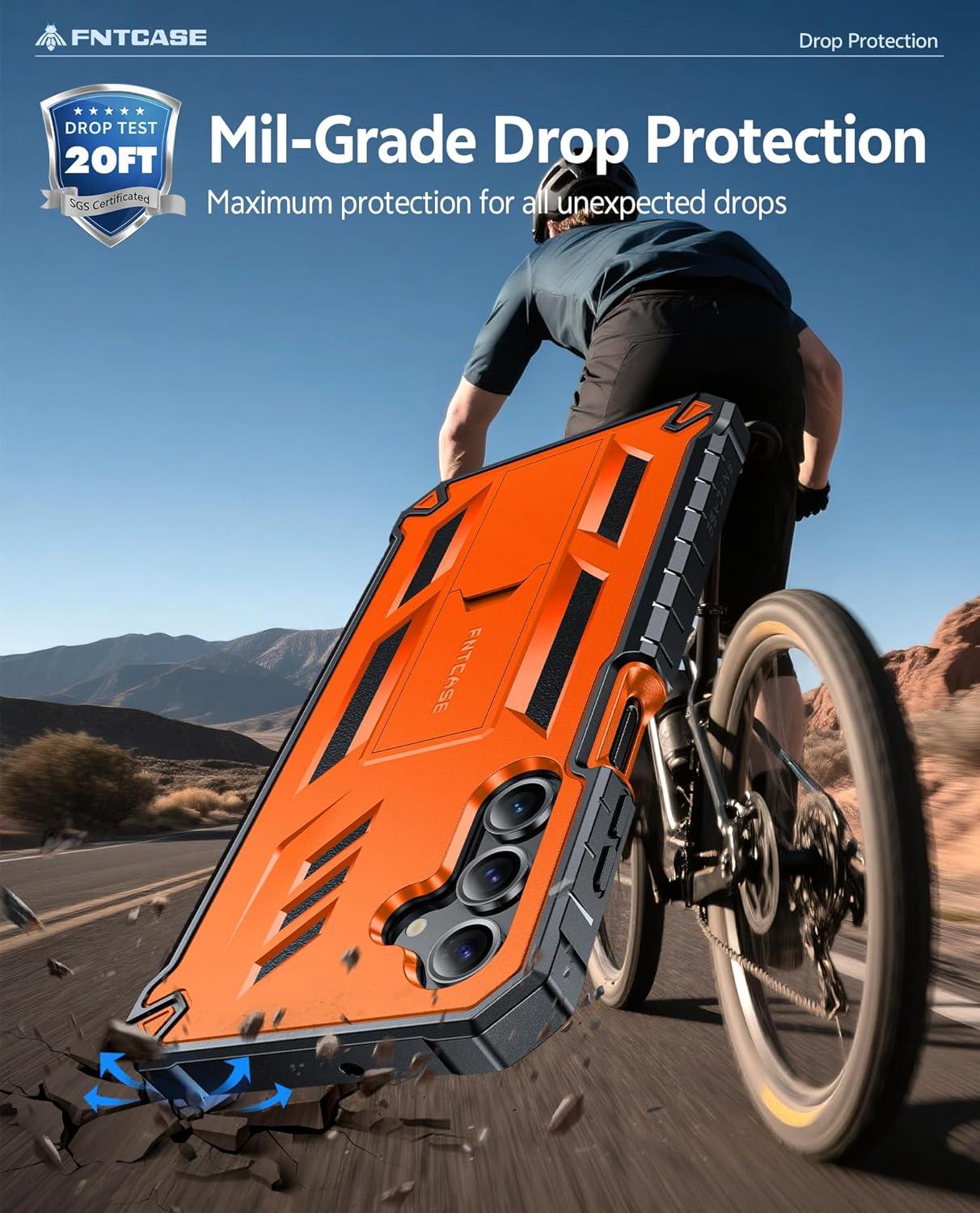 imageFNTCASE for Samsung Galaxy A165G Case Military Grade Drop Proof Protection Mobile Cover with Kickstand Matte Textured Rugged Shockproof TPU Protective Sturdy Phone CaseBlackOrange