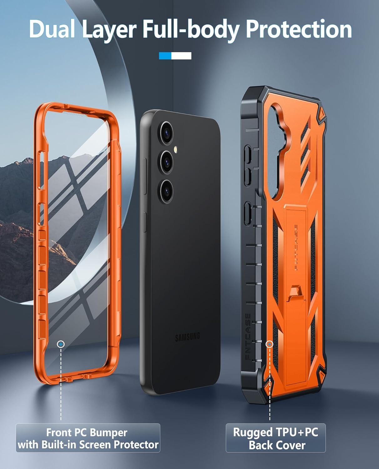 imageFNTCASE for Samsung Galaxy A165G Case Military Grade Drop Proof Protection Mobile Cover with Kickstand Matte Textured Rugged Shockproof TPU Protective Sturdy Phone CaseBlackOrange