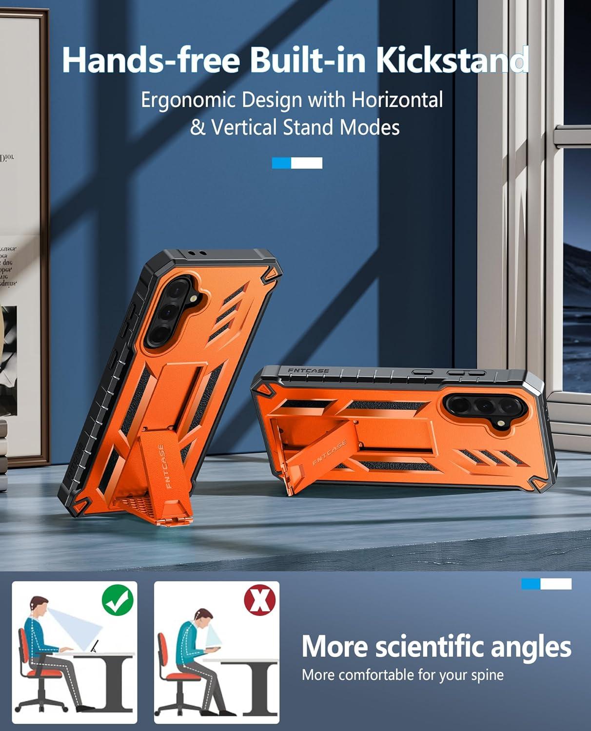 imageFNTCASE for Samsung Galaxy A165G Case Military Grade Drop Proof Protection Mobile Cover with Kickstand Matte Textured Rugged Shockproof TPU Protective Sturdy Phone CaseBlackOrange