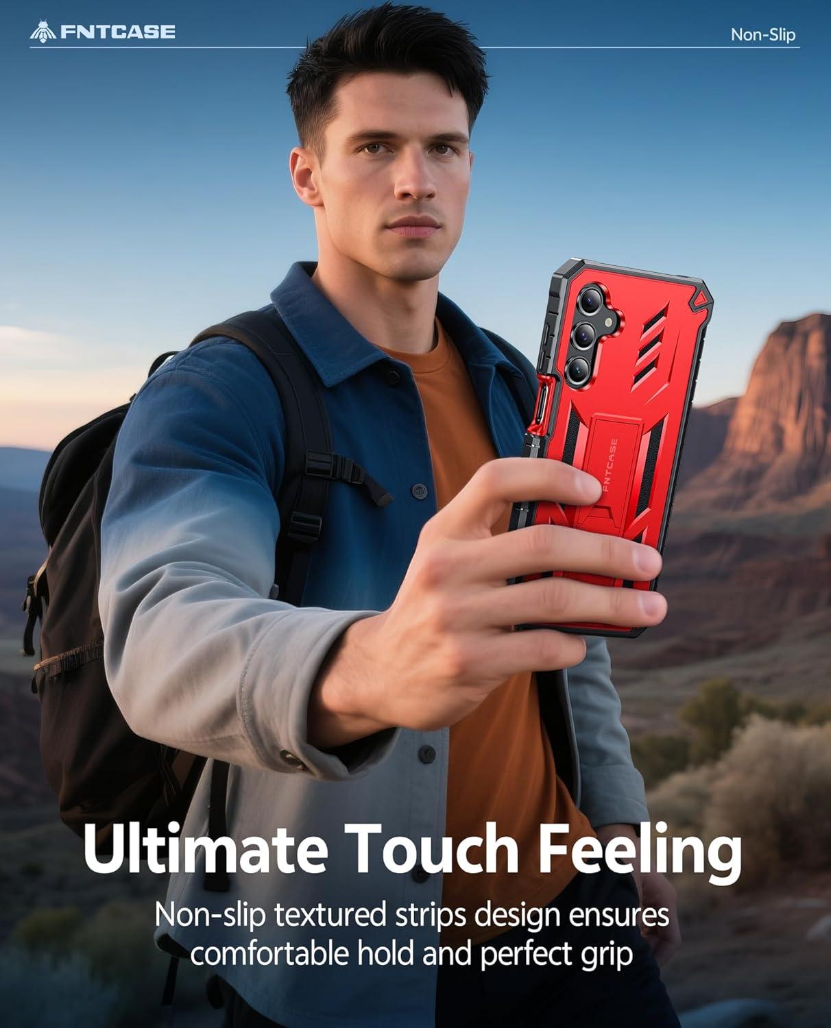 imageFNTCASE for Samsung Galaxy A165G Case Military Grade Drop Proof Protection Mobile Cover with Kickstand Matte Textured Rugged Shockproof TPU Protective Sturdy Phone CaseBlackRed