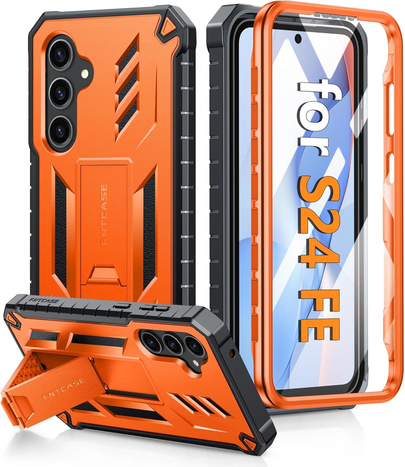 imageFNTCASE for Samsung Galaxy A165G Case Military Grade Drop Proof Protection Mobile Cover with Kickstand Matte Textured Rugged Shockproof TPU Protective Sturdy Phone CaseBlackOrange