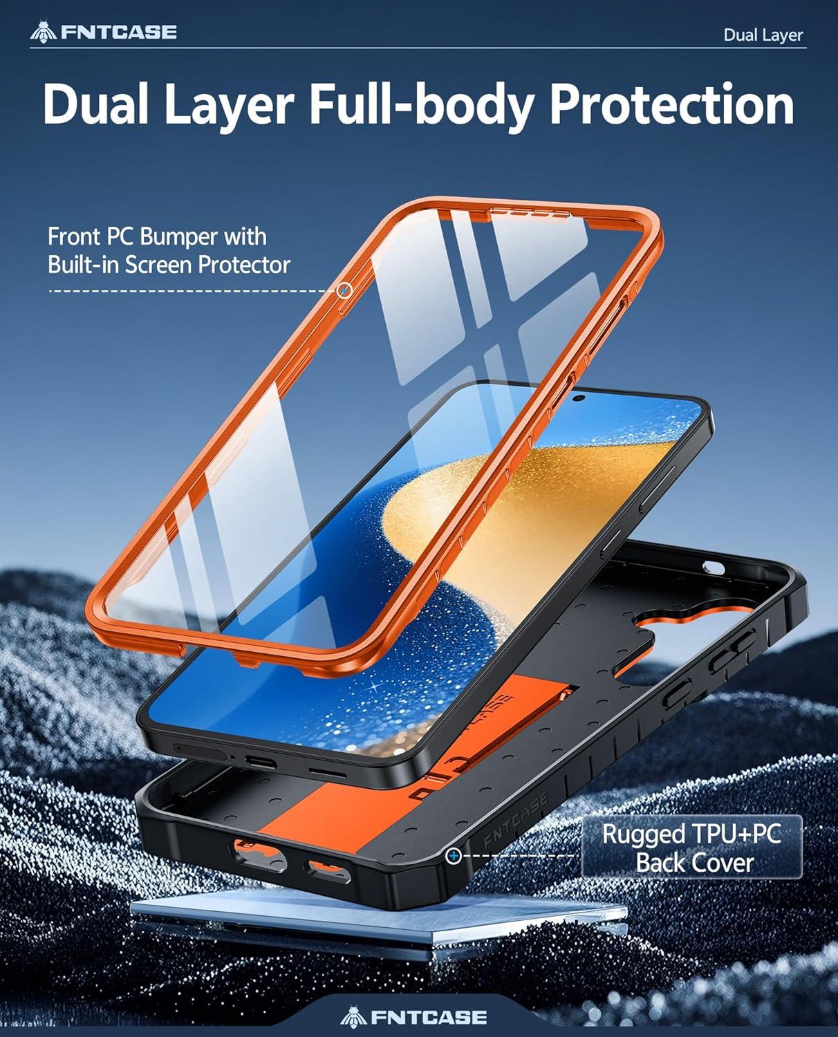 imageFNTCASE for Samsung Galaxy A165G Case Military Grade Drop Proof Protection Mobile Cover with Kickstand Matte Textured Rugged Shockproof TPU Protective Sturdy Phone CaseBlackOrange