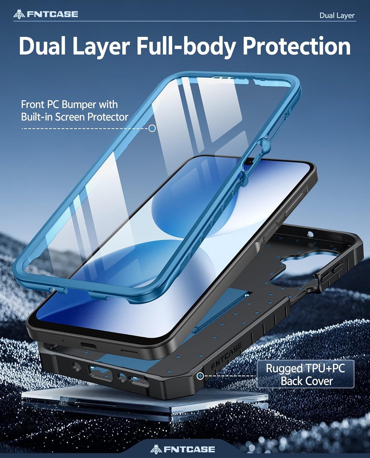 imageFNTCASE for Samsung Galaxy A165G Case Military Grade Drop Proof Protection Mobile Cover with Kickstand Matte Textured Rugged Shockproof TPU Protective Sturdy Phone CaseBlackBlue