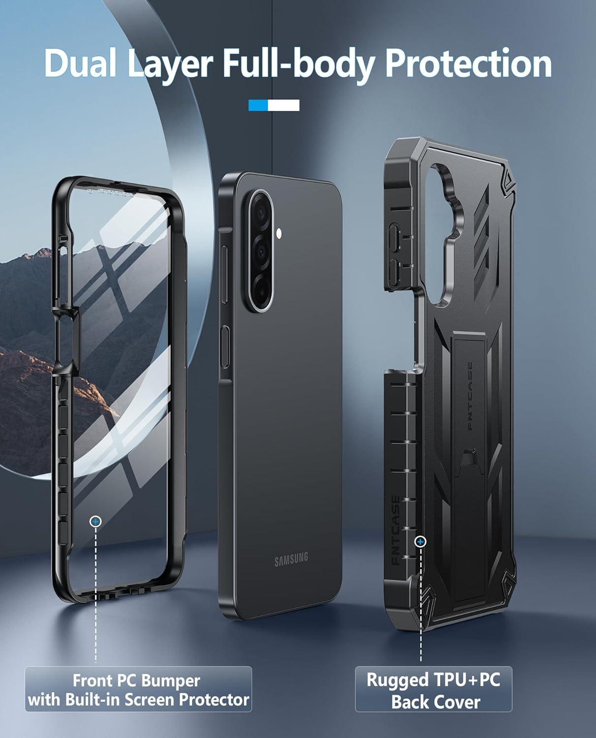 imageFNTCASE for Samsung Galaxy A165G Case Military Grade Drop Proof Protection Mobile Cover with Kickstand Matte Textured Rugged Shockproof TPU Protective Sturdy Phone CaseBlackBlack