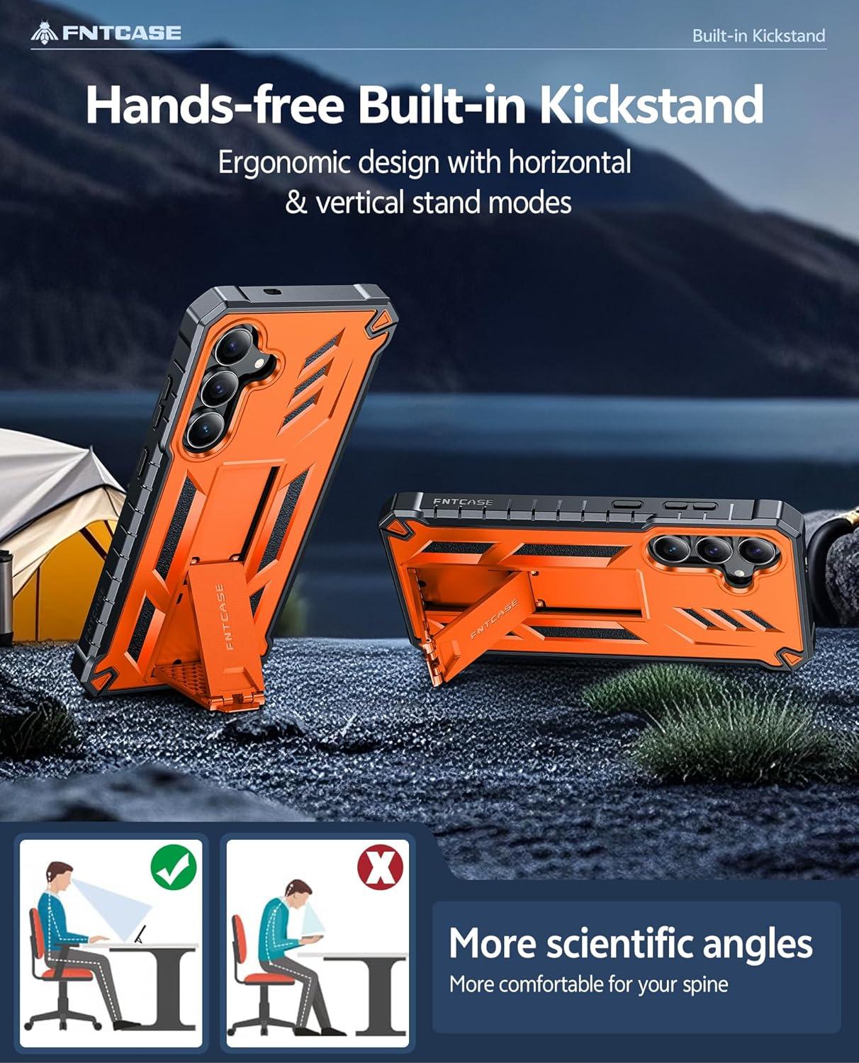 imageFNTCASE for Samsung Galaxy A165G Case Military Grade Drop Proof Protection Mobile Cover with Kickstand Matte Textured Rugged Shockproof TPU Protective Sturdy Phone CaseBlackOrange