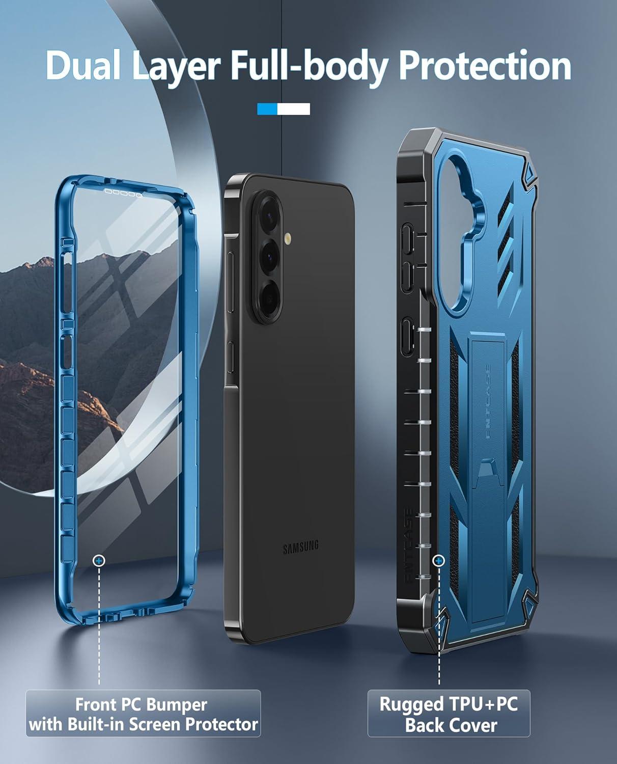 imageFNTCASE for Samsung Galaxy A165G Case Military Grade Drop Proof Protection Mobile Cover with Kickstand Matte Textured Rugged Shockproof TPU Protective Sturdy Phone CaseBlackBlue