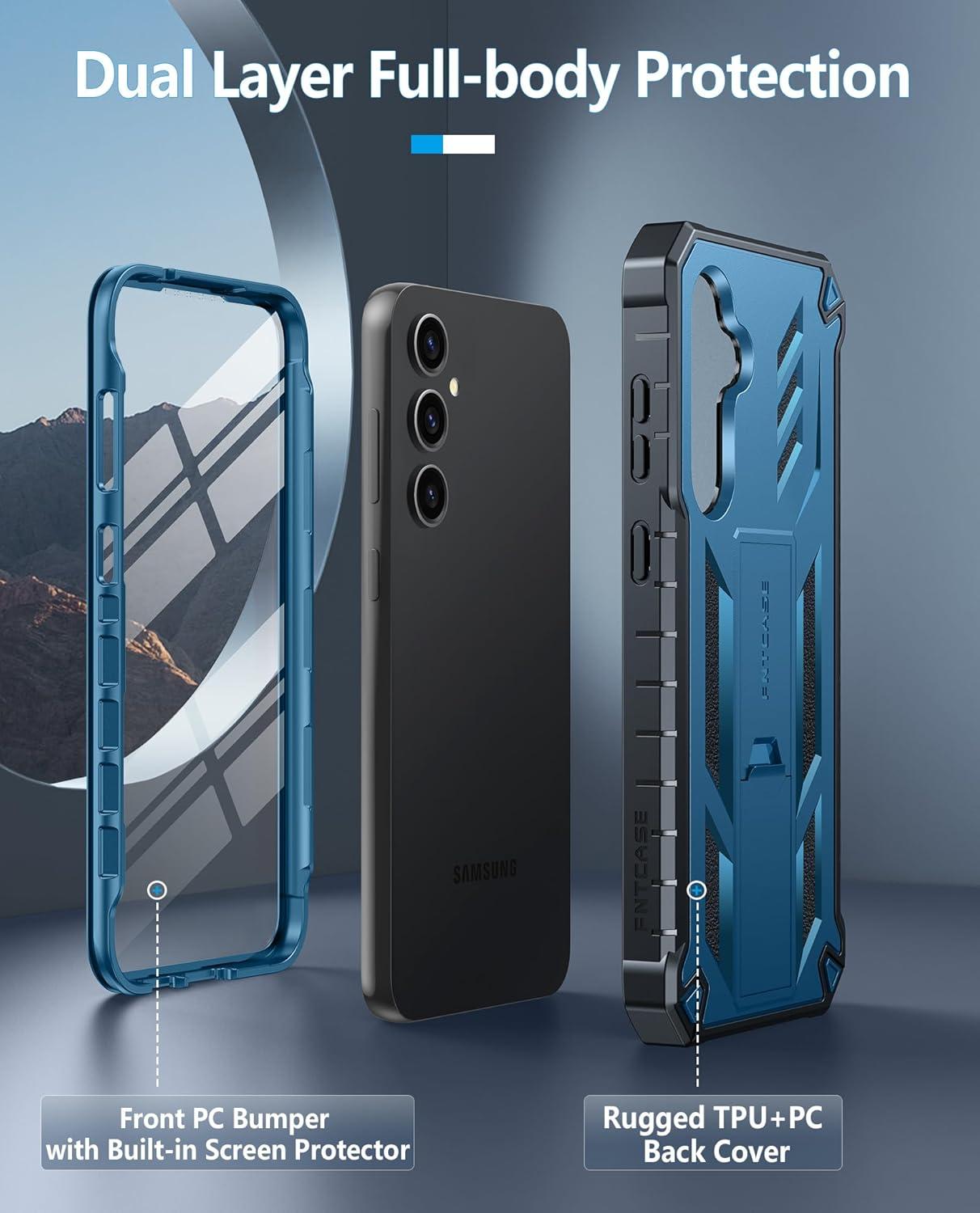 imageFNTCASE for Samsung Galaxy A165G Case Military Grade Drop Proof Protection Mobile Cover with Kickstand Matte Textured Rugged Shockproof TPU Protective Sturdy Phone CaseBlackBlue