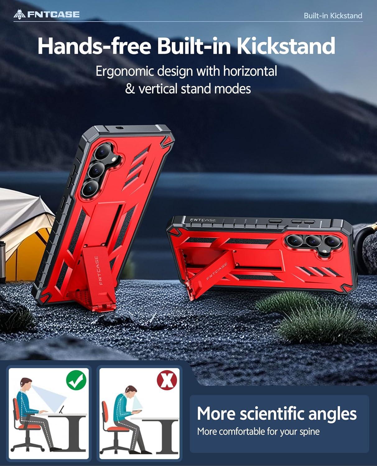 imageFNTCASE for Samsung Galaxy A165G Case Military Grade Drop Proof Protection Mobile Cover with Kickstand Matte Textured Rugged Shockproof TPU Protective Sturdy Phone CaseBlackRed