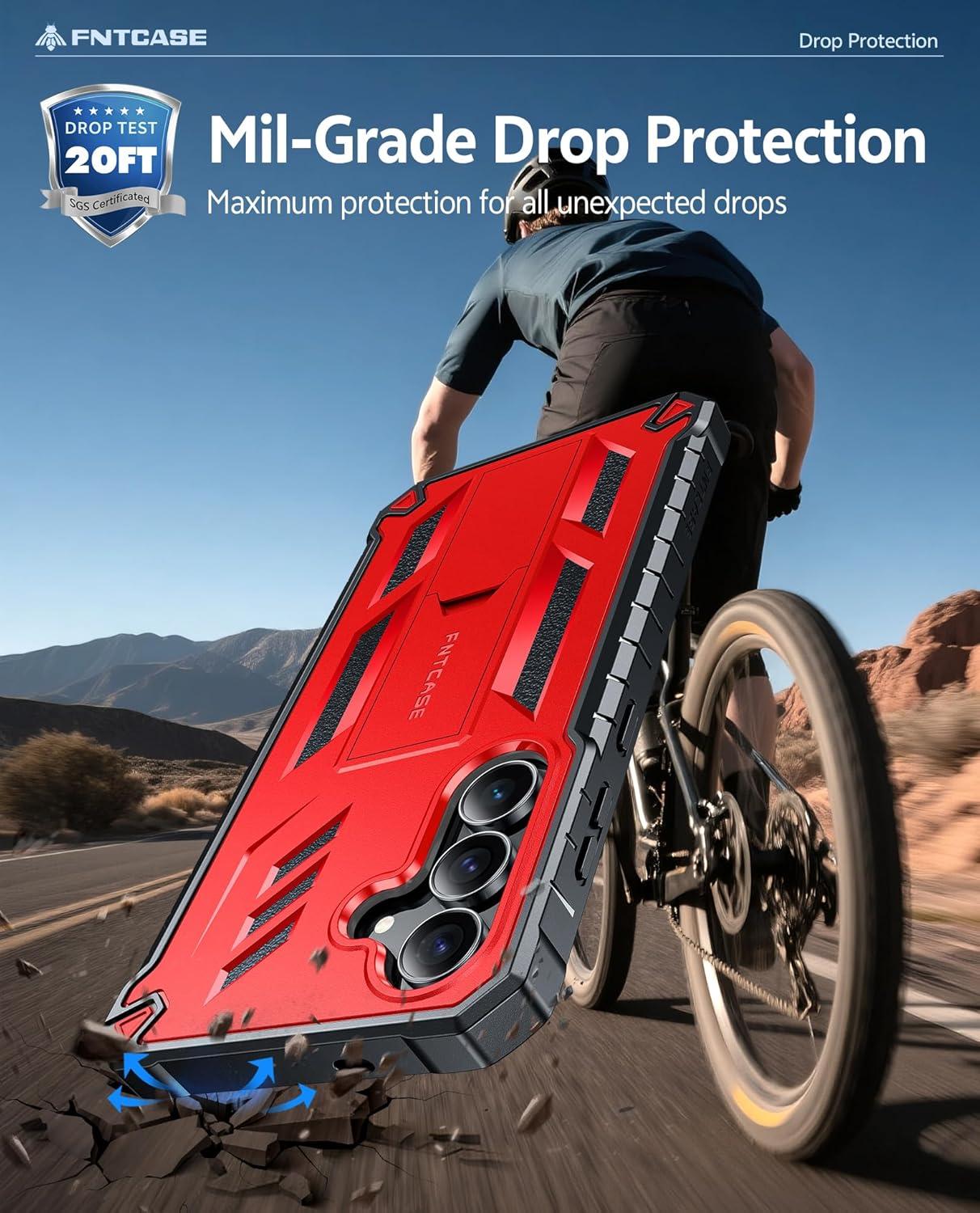 imageFNTCASE for Samsung Galaxy A165G Case Military Grade Drop Proof Protection Mobile Cover with Kickstand Matte Textured Rugged Shockproof TPU Protective Sturdy Phone CaseBlackRed