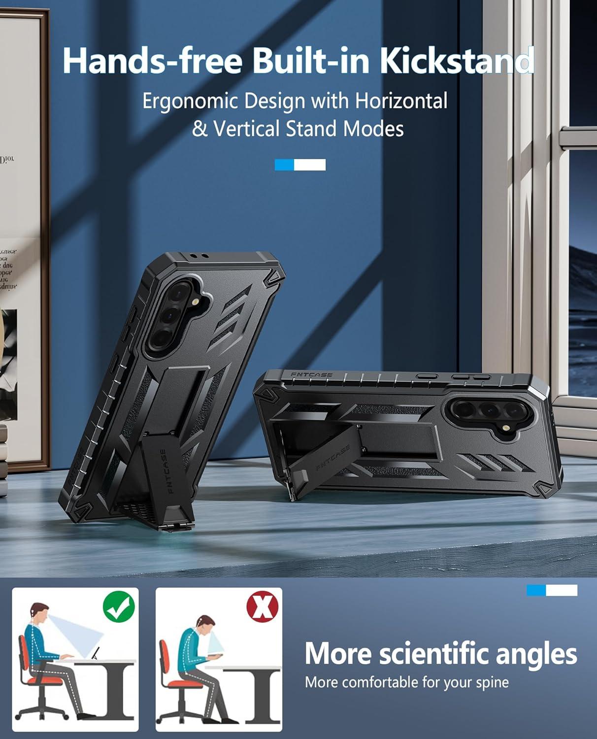 imageFNTCASE for Samsung Galaxy A165G Case Military Grade Drop Proof Protection Mobile Cover with Kickstand Matte Textured Rugged Shockproof TPU Protective Sturdy Phone CaseBlackBlack