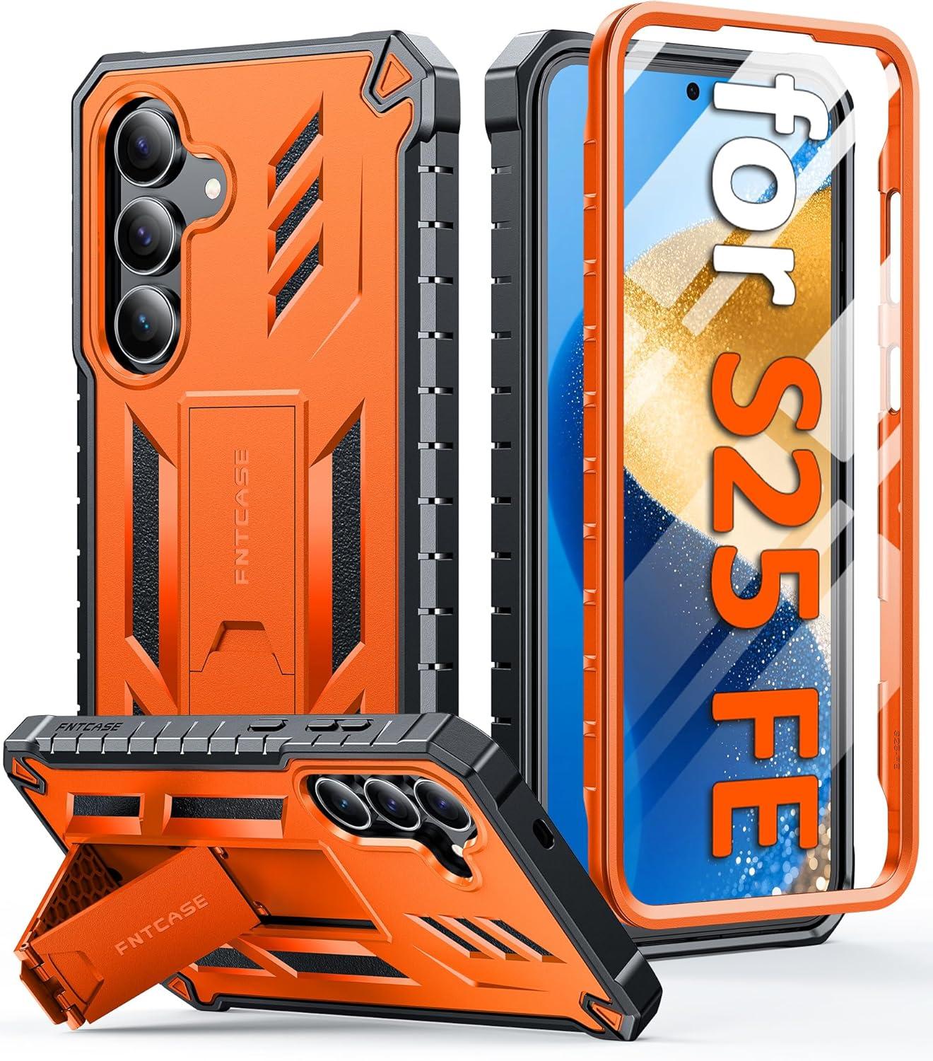 imageFNTCASE for Samsung Galaxy A165G Case Military Grade Drop Proof Protection Mobile Cover with Kickstand Matte Textured Rugged Shockproof TPU Protective Sturdy Phone CaseBlackOrange