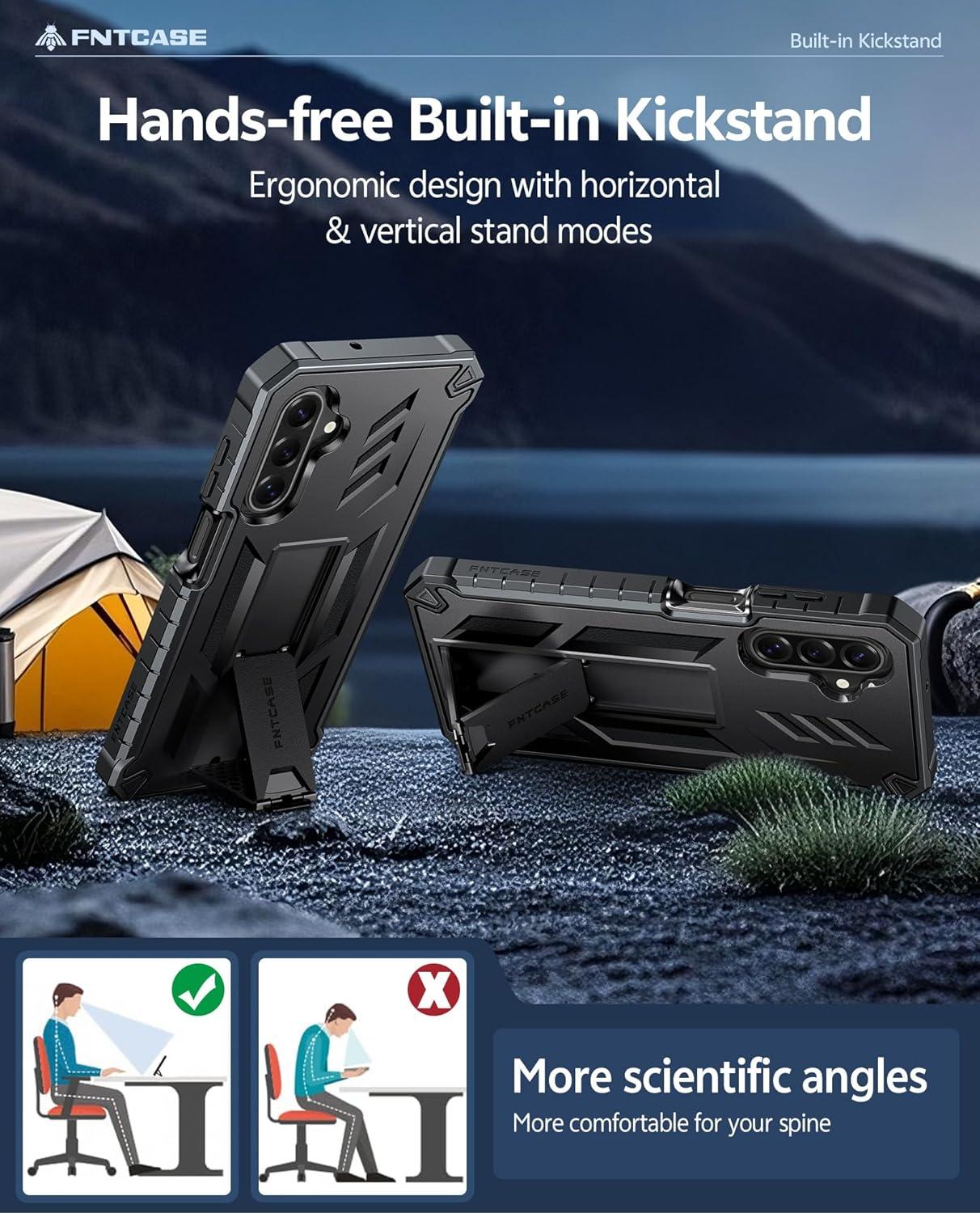 imageFNTCASE for Samsung Galaxy A165G Case Military Grade Drop Proof Protection Mobile Cover with Kickstand Matte Textured Rugged Shockproof TPU Protective Sturdy Phone CaseBlackBlack