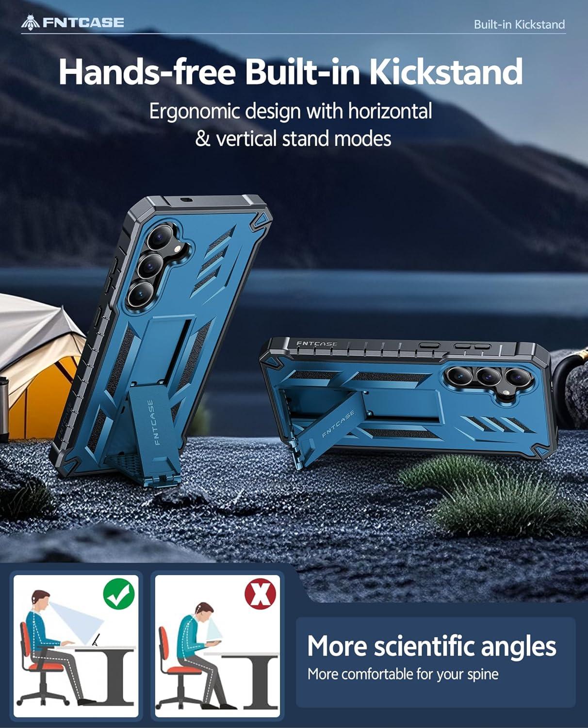 imageFNTCASE for Samsung Galaxy A165G Case Military Grade Drop Proof Protection Mobile Cover with Kickstand Matte Textured Rugged Shockproof TPU Protective Sturdy Phone CaseBlackBlue