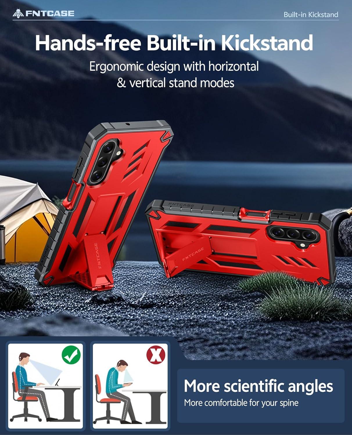 imageFNTCASE for Samsung Galaxy A165G Case Military Grade Drop Proof Protection Mobile Cover with Kickstand Matte Textured Rugged Shockproof TPU Protective Sturdy Phone CaseBlackRed