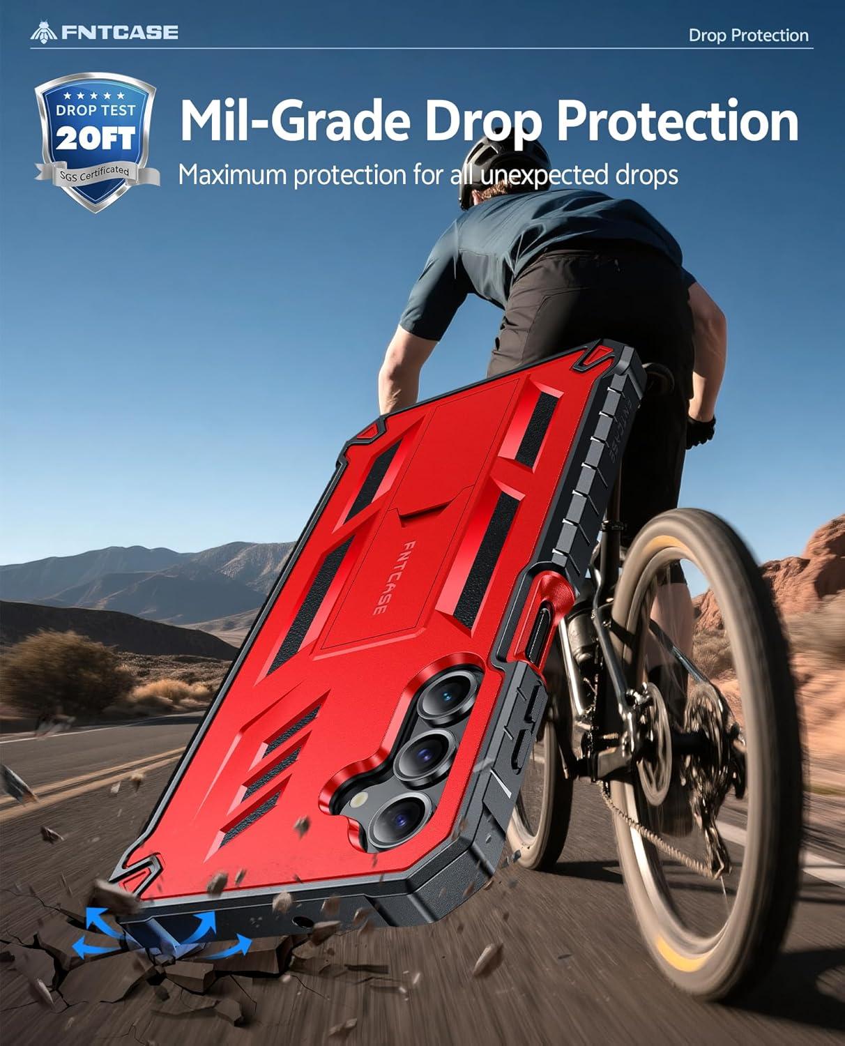 imageFNTCASE for Samsung Galaxy A165G Case Military Grade Drop Proof Protection Mobile Cover with Kickstand Matte Textured Rugged Shockproof TPU Protective Sturdy Phone CaseBlackRed