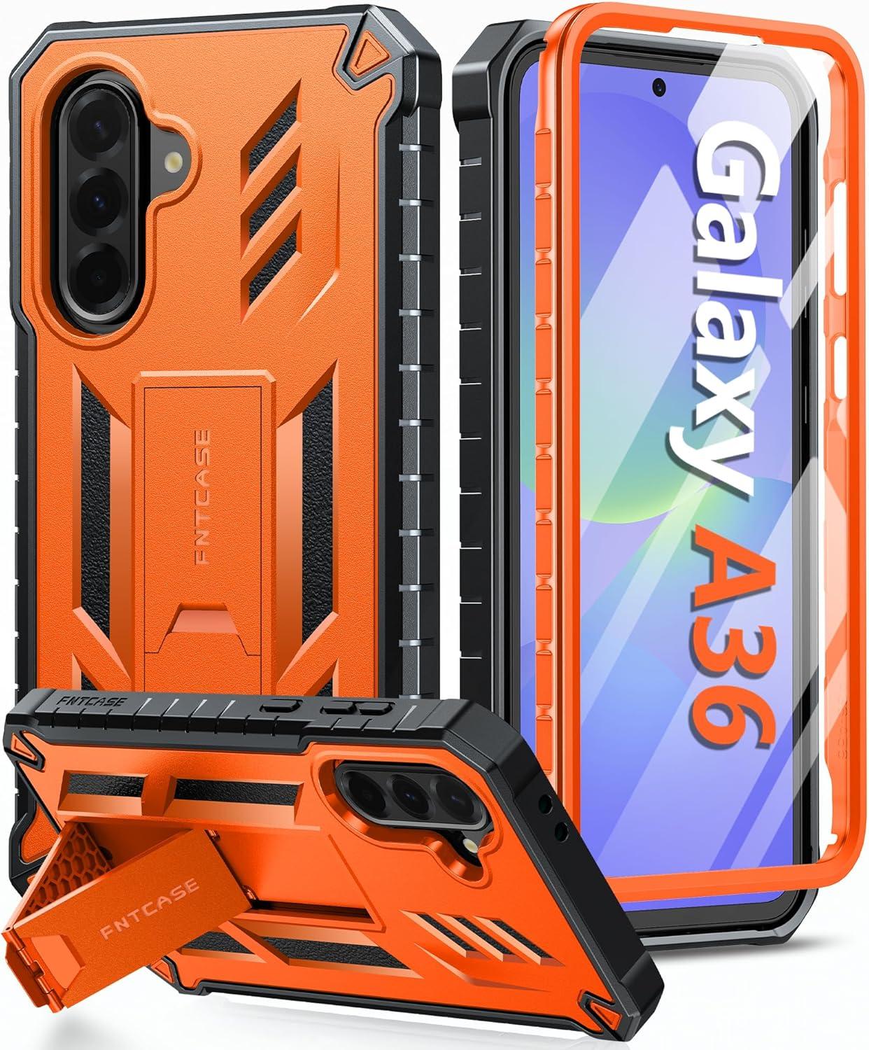 imageFNTCASE for Samsung Galaxy A165G Case Military Grade Drop Proof Protection Mobile Cover with Kickstand Matte Textured Rugged Shockproof TPU Protective Sturdy Phone CaseBlackOrange
