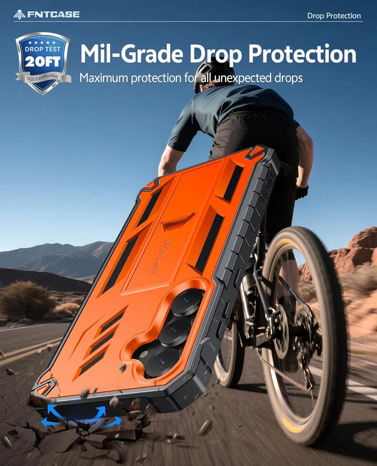 imageFNTCASE for Samsung Galaxy A165G Case Military Grade Drop Proof Protection Mobile Cover with Kickstand Matte Textured Rugged Shockproof TPU Protective Sturdy Phone CaseBlackOrange