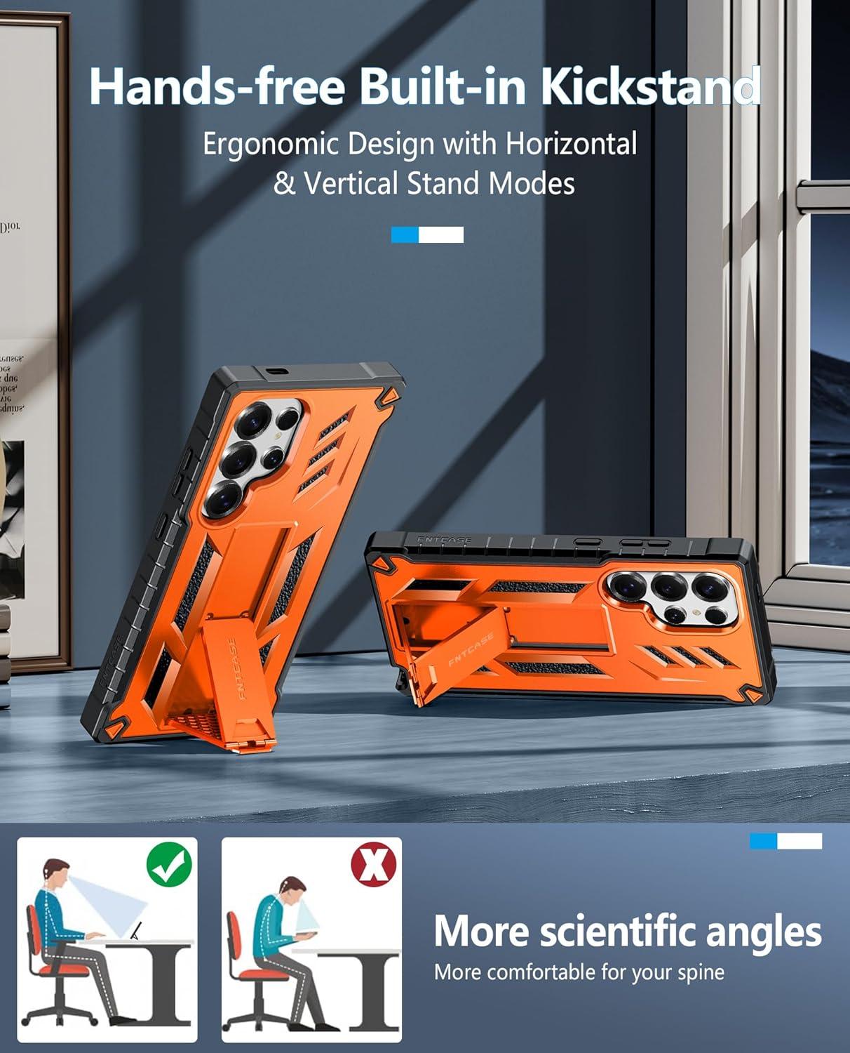 imageFNTCASE for Samsung Galaxy A165G Case Military Grade Drop Proof Protection Mobile Cover with Kickstand Matte Textured Rugged Shockproof TPU Protective Sturdy Phone CaseBlackOrange