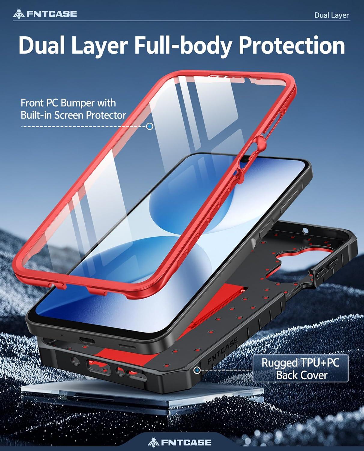 imageFNTCASE for Samsung Galaxy A165G Case Military Grade Drop Proof Protection Mobile Cover with Kickstand Matte Textured Rugged Shockproof TPU Protective Sturdy Phone CaseBlackRed