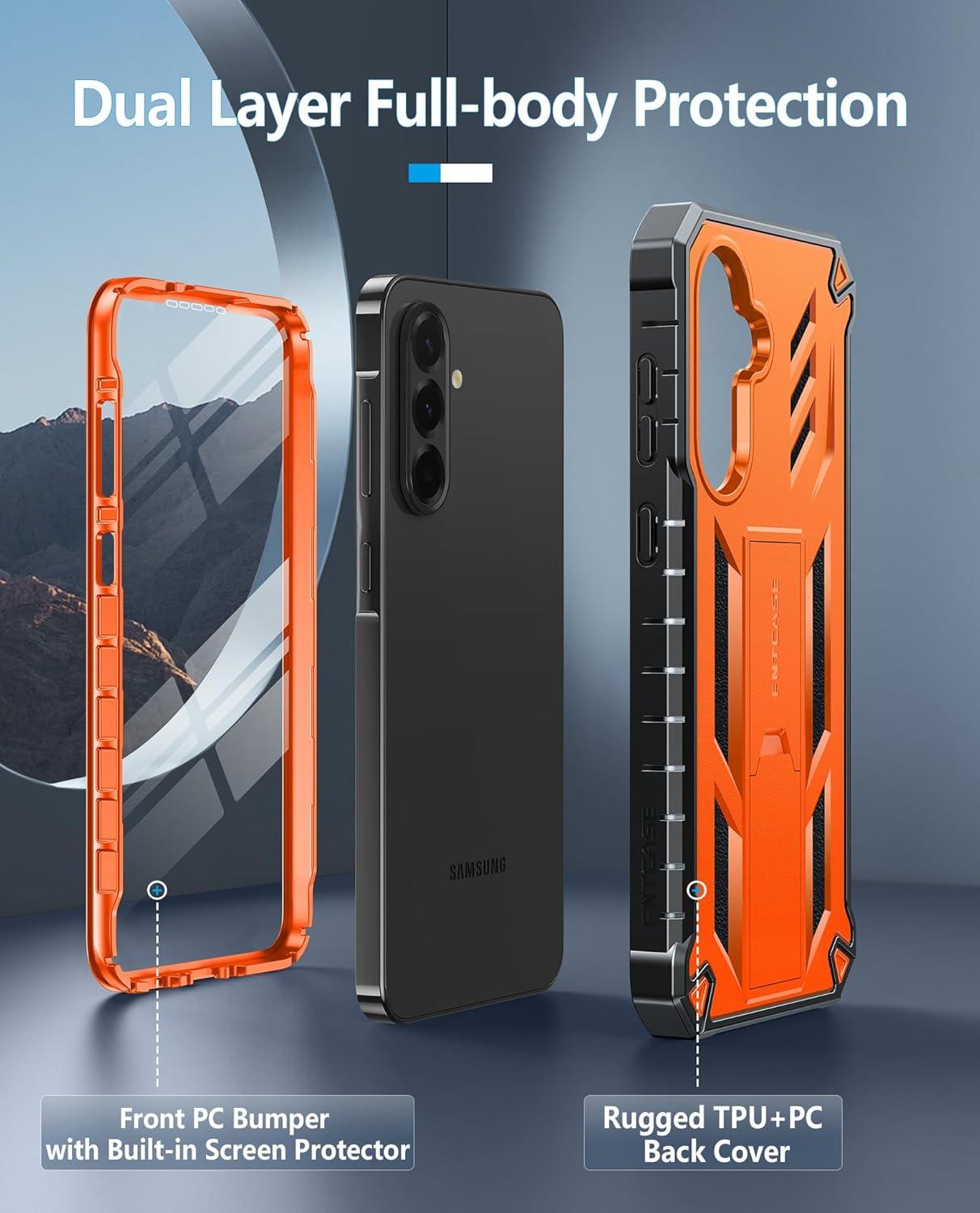 imageFNTCASE for Samsung Galaxy A165G Case Military Grade Drop Proof Protection Mobile Cover with Kickstand Matte Textured Rugged Shockproof TPU Protective Sturdy Phone CaseBlackOrange