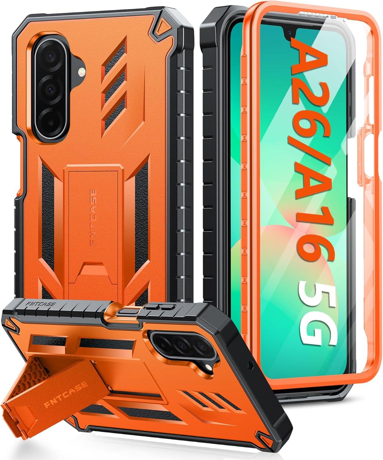 imageFNTCASE for Samsung Galaxy A165G Case Military Grade Drop Proof Protection Mobile Cover with Kickstand Matte Textured Rugged Shockproof TPU Protective Sturdy Phone CaseBlackOrange