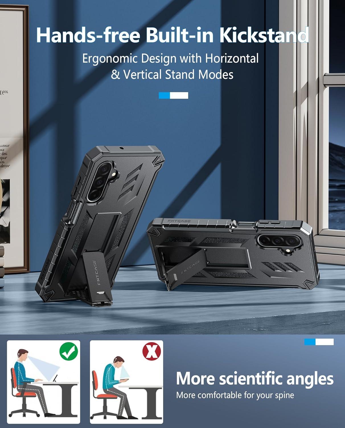 imageFNTCASE for Samsung Galaxy A165G Case Military Grade Drop Proof Protection Mobile Cover with Kickstand Matte Textured Rugged Shockproof TPU Protective Sturdy Phone CaseBlackBlack