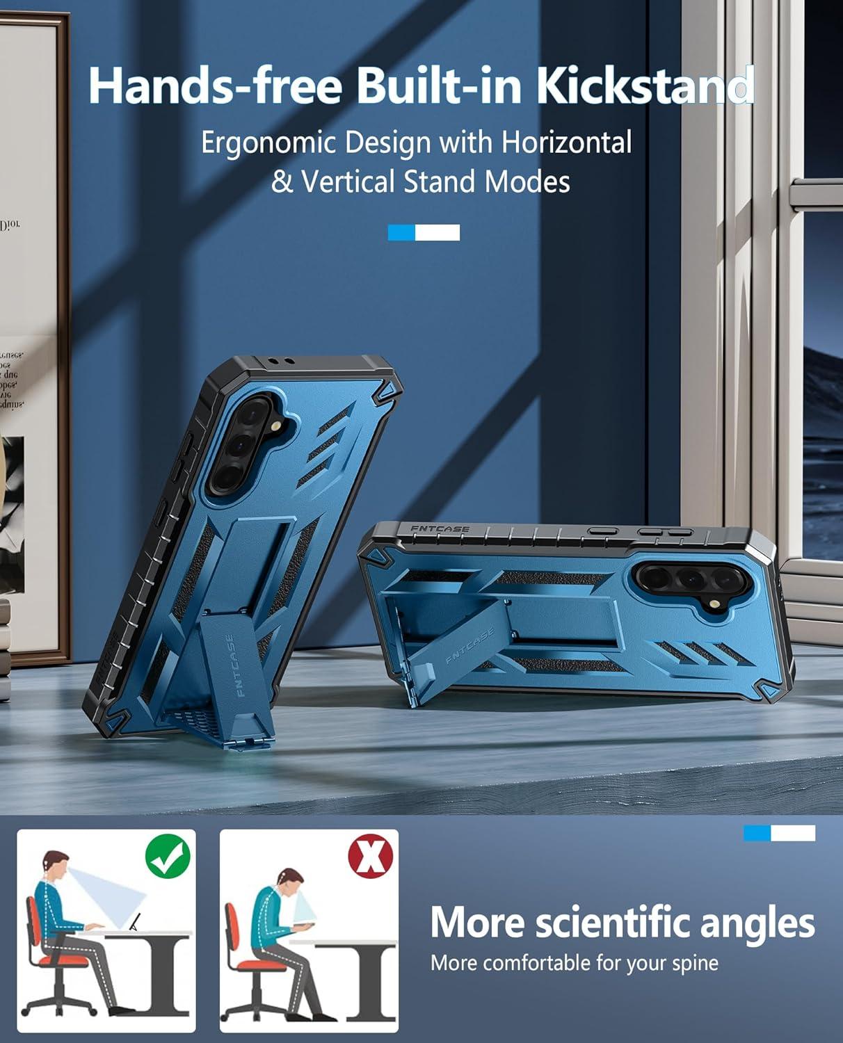 imageFNTCASE for Samsung Galaxy A165G Case Military Grade Drop Proof Protection Mobile Cover with Kickstand Matte Textured Rugged Shockproof TPU Protective Sturdy Phone CaseBlackBlue