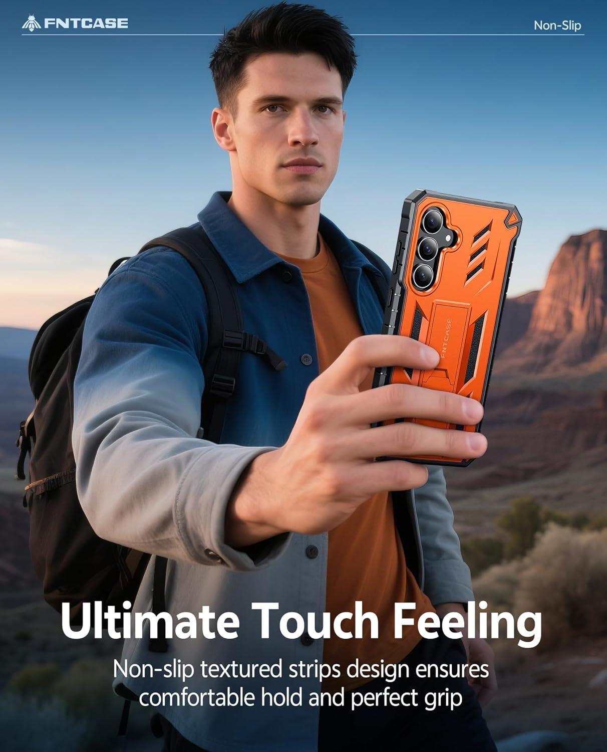imageFNTCASE for Samsung Galaxy A165G Case Military Grade Drop Proof Protection Mobile Cover with Kickstand Matte Textured Rugged Shockproof TPU Protective Sturdy Phone CaseBlackOrange