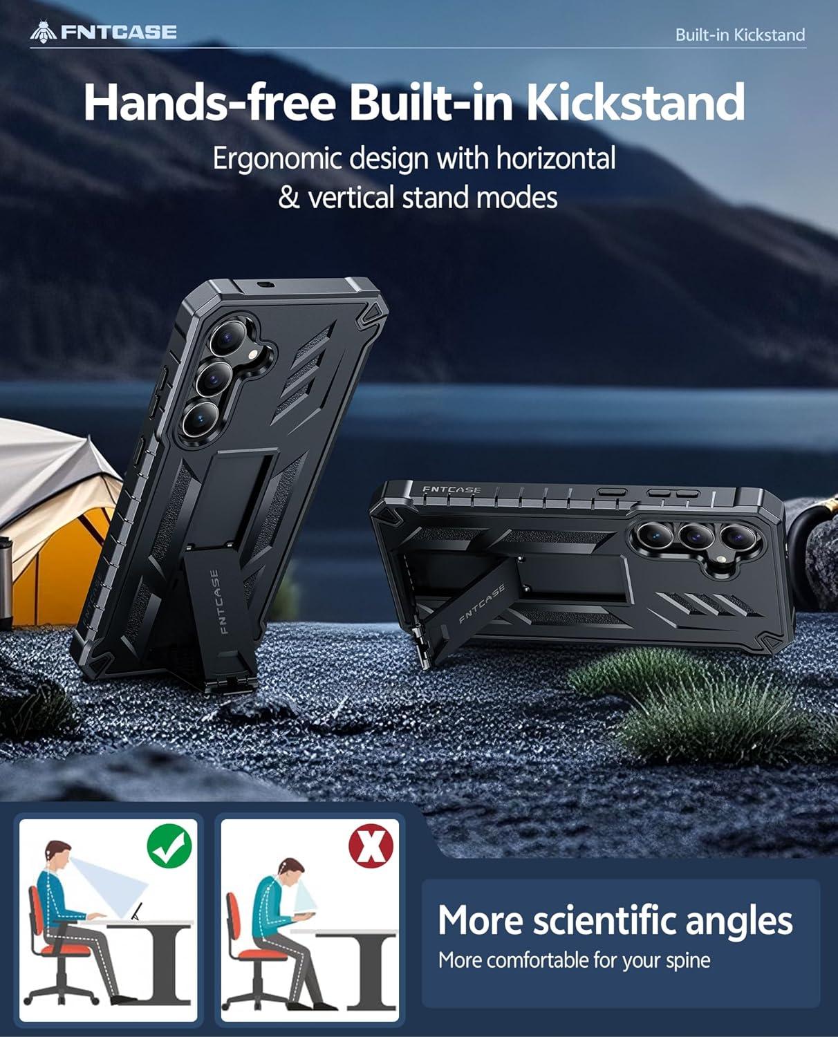 imageFNTCASE for Samsung Galaxy A165G Case Military Grade Drop Proof Protection Mobile Cover with Kickstand Matte Textured Rugged Shockproof TPU Protective Sturdy Phone CaseBlackBlack