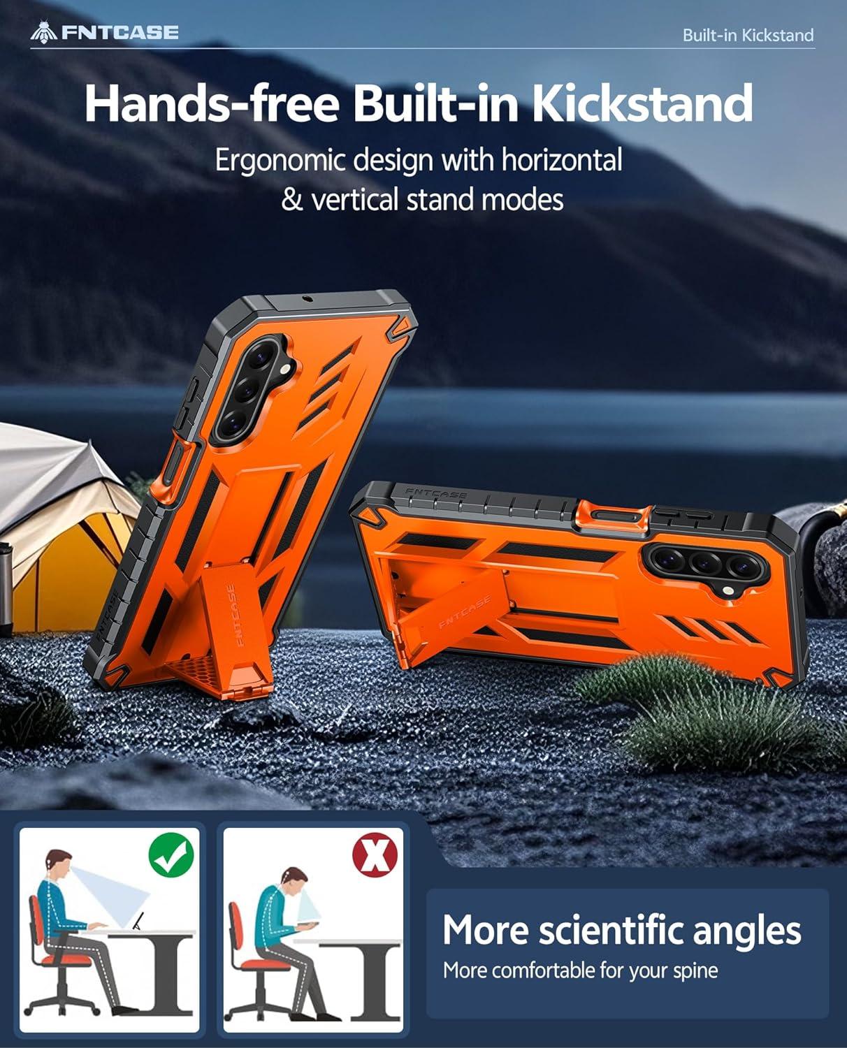 imageFNTCASE for Samsung Galaxy A165G Case Military Grade Drop Proof Protection Mobile Cover with Kickstand Matte Textured Rugged Shockproof TPU Protective Sturdy Phone CaseBlackOrange