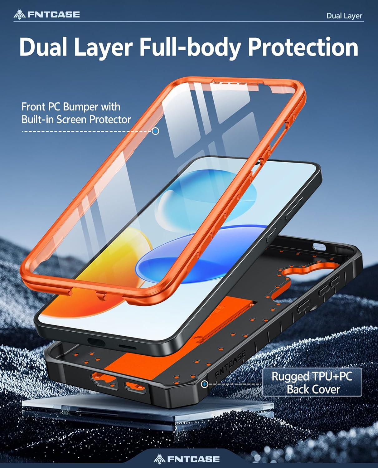 imageFNTCASE for Samsung Galaxy A165G Case Military Grade Drop Proof Protection Mobile Cover with Kickstand Matte Textured Rugged Shockproof TPU Protective Sturdy Phone CaseBlackOrange