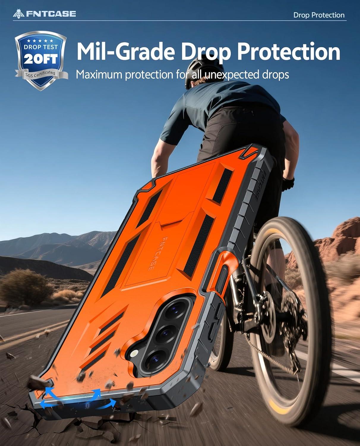 imageFNTCASE for Samsung Galaxy A165G Case Military Grade Drop Proof Protection Mobile Cover with Kickstand Matte Textured Rugged Shockproof TPU Protective Sturdy Phone CaseBlackOrange