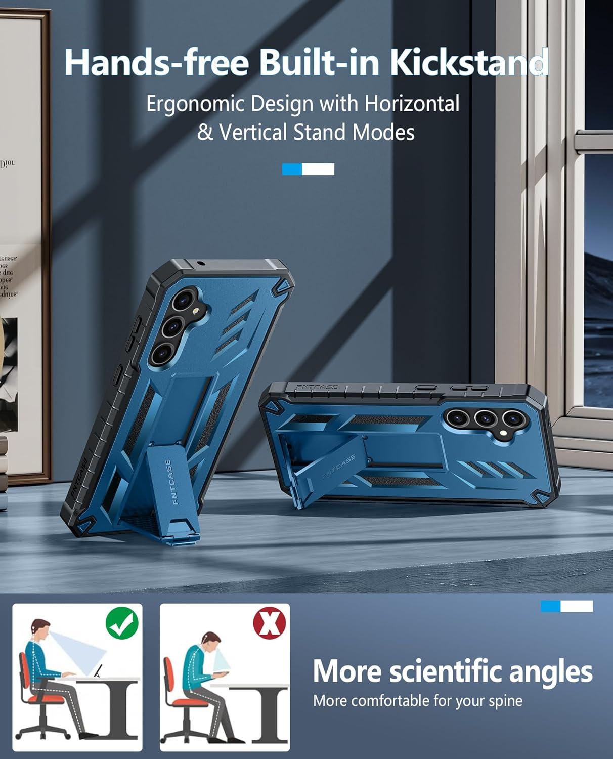 imageFNTCASE for Samsung Galaxy A165G Case Military Grade Drop Proof Protection Mobile Cover with Kickstand Matte Textured Rugged Shockproof TPU Protective Sturdy Phone CaseBlackBlue