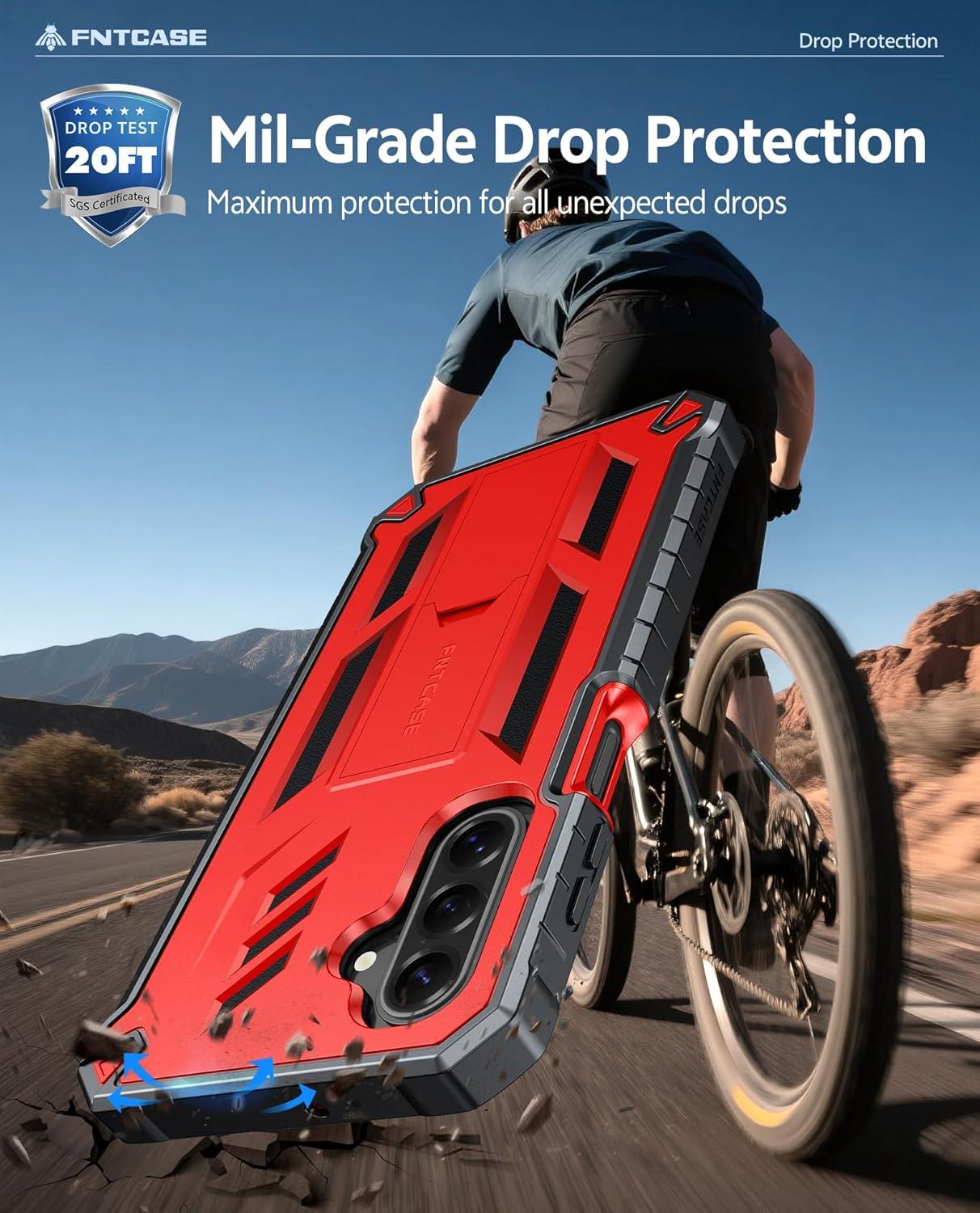 imageFNTCASE for Samsung Galaxy A165G Case Military Grade Drop Proof Protection Mobile Cover with Kickstand Matte Textured Rugged Shockproof TPU Protective Sturdy Phone CaseBlackRed