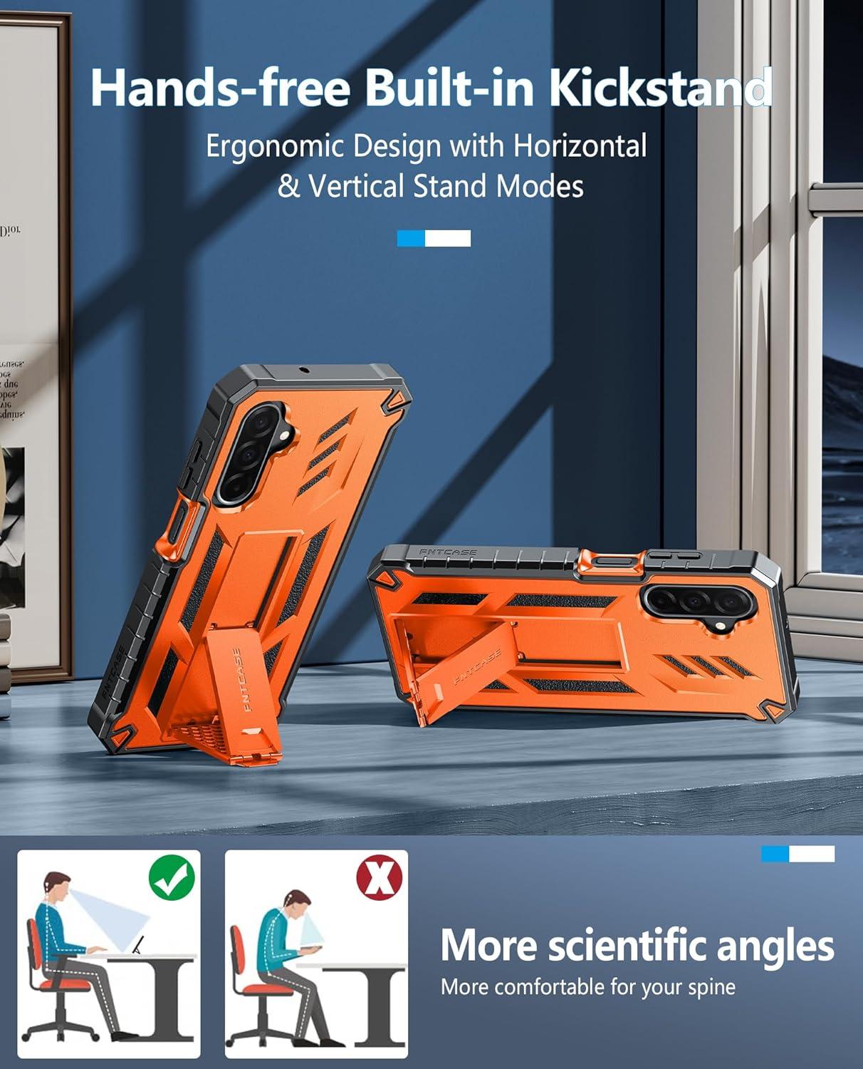 imageFNTCASE for Samsung Galaxy A165G Case Military Grade Drop Proof Protection Mobile Cover with Kickstand Matte Textured Rugged Shockproof TPU Protective Sturdy Phone CaseBlackOrange